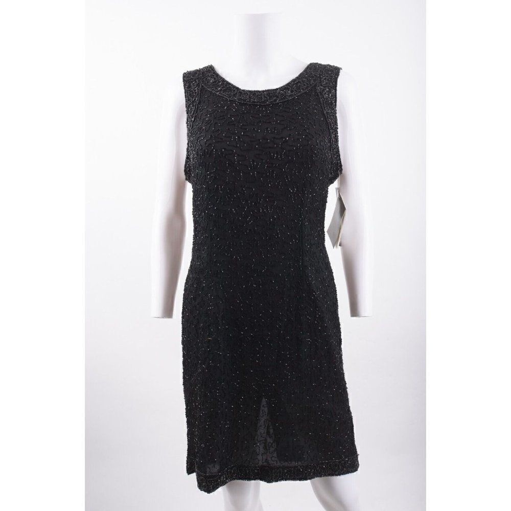 Vintage Laurence Kazar Womans Shift Dress Size L Black Silk Beaded Evening NWT